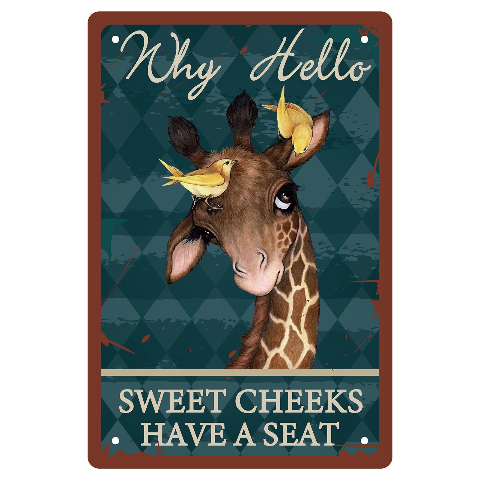 CREATCABIN Giraffe Why Hello Sweet Cheeks Sign Vintage Tin Signs Funny Metal Tin Sign Wall Art Garden House Plaque for Bathroom Kitchen Cafe Wall Halloween Christmas Decor, 8 x 12 Inch