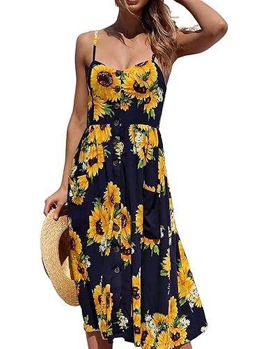 Genhoo Damen V Ausschnitt Spaghetti Buegel Blumen Sommerkleid Elegant Vintage Cocktailkleid Kleider Strandkleid