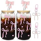 Mason Life Coquette Pink Bow Cute Glass Cups with Lids 2Pack 18OZ Cute Tumbler Glass Cup with Keychains and Straw Covers for Valentines Day Gift Iced Coffee Smoothie Cocktail Matcha Milk Mother's Gift