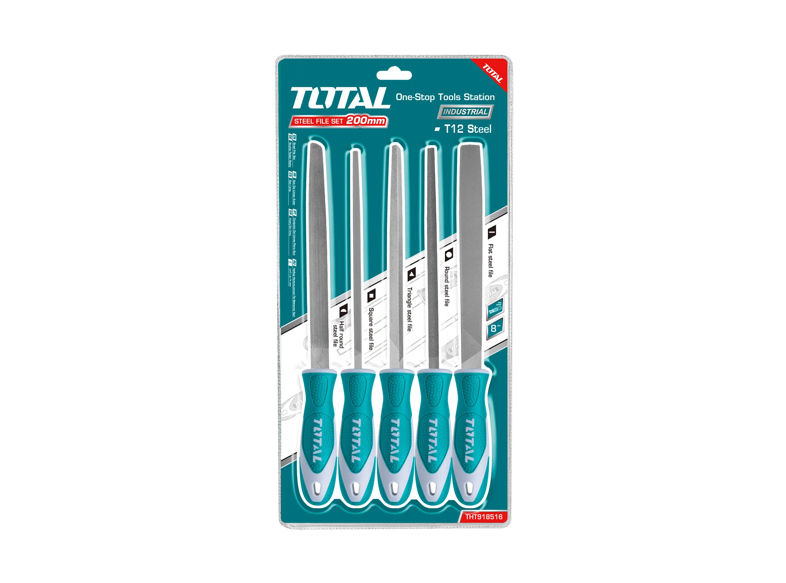 Total - Set of 5 Files for Carpentry | 200mm Flat, Half Circle, Round, Triangular, Square | File Wood, Plastic, Metal | Includes Pliers, Tool Belt, Silver, Default Size, Plastic