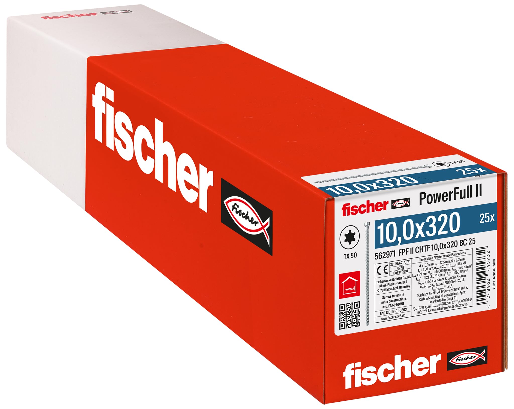 fischer PowerFull II 10.0 x 320 Premium Fully Threaded Screw (Pack of 25) with Innovative Tip Geometry, Steel Screw for Load-Bearing Wood Structures with Cylinder Head, Reduces Splitting Risk — image 1