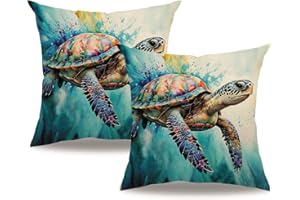 7COLORROOM Sea Pillow Covers 18x18 Inch Ocean Animals Sea Turtle Cushion Case Coastal Beach Theme Farmhouse Summer Decoration 2Pack Square Pillowcase for Patio Couch Sofa (Blue)
