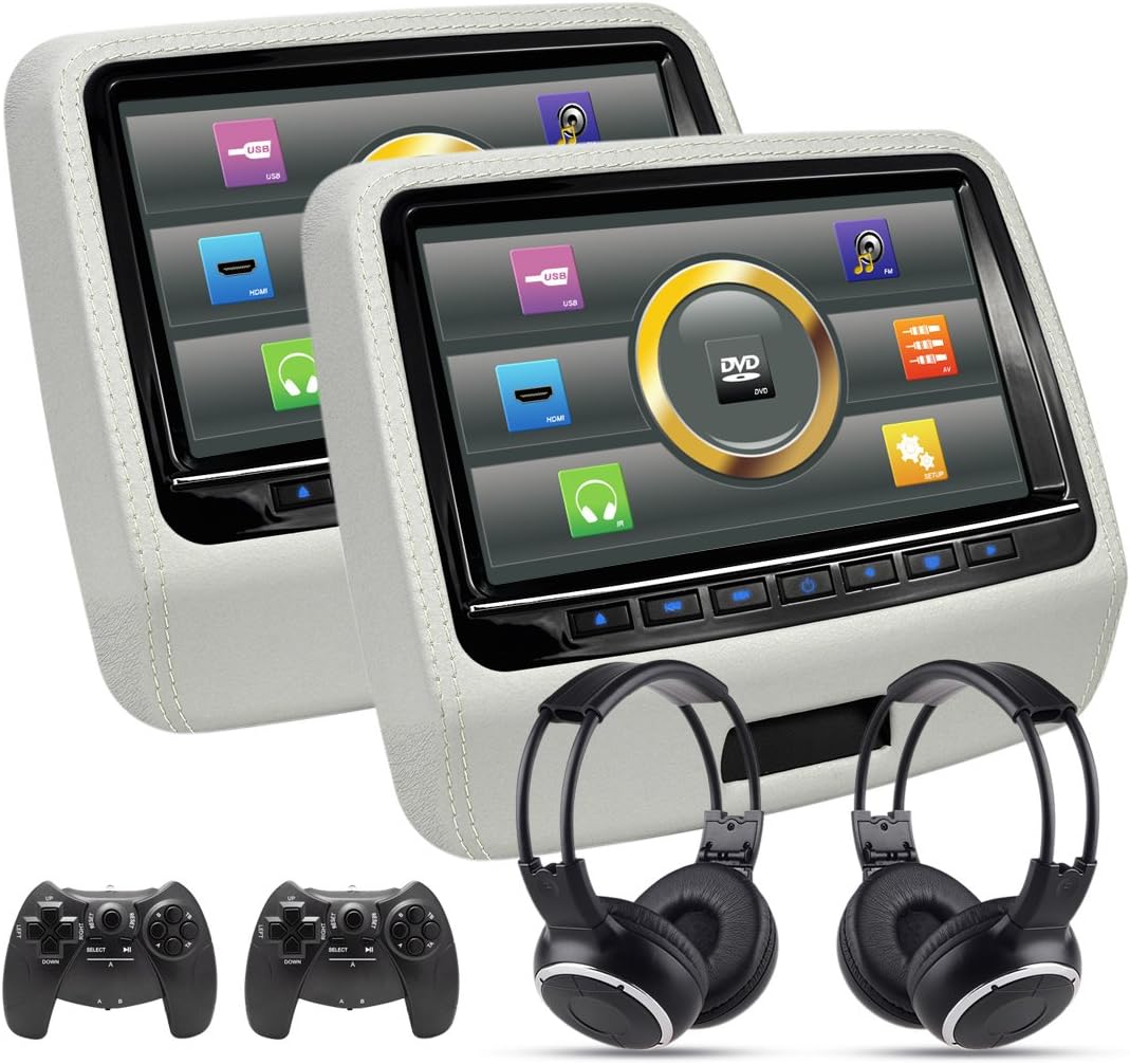 AUTOWINGS A-H9004G Car Headrest DVD Player 9 inch Capacitive Touch Screen Leather with USB HDMI FM Transmitter Game Disc Remote IR Headphone Grey Pack of 2