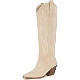 iiimmu Cowgirl Boots Women Knee High Boots Pointed Toe and Block Heel Cowboy Suede and Faux Leather Boots with Embroidered