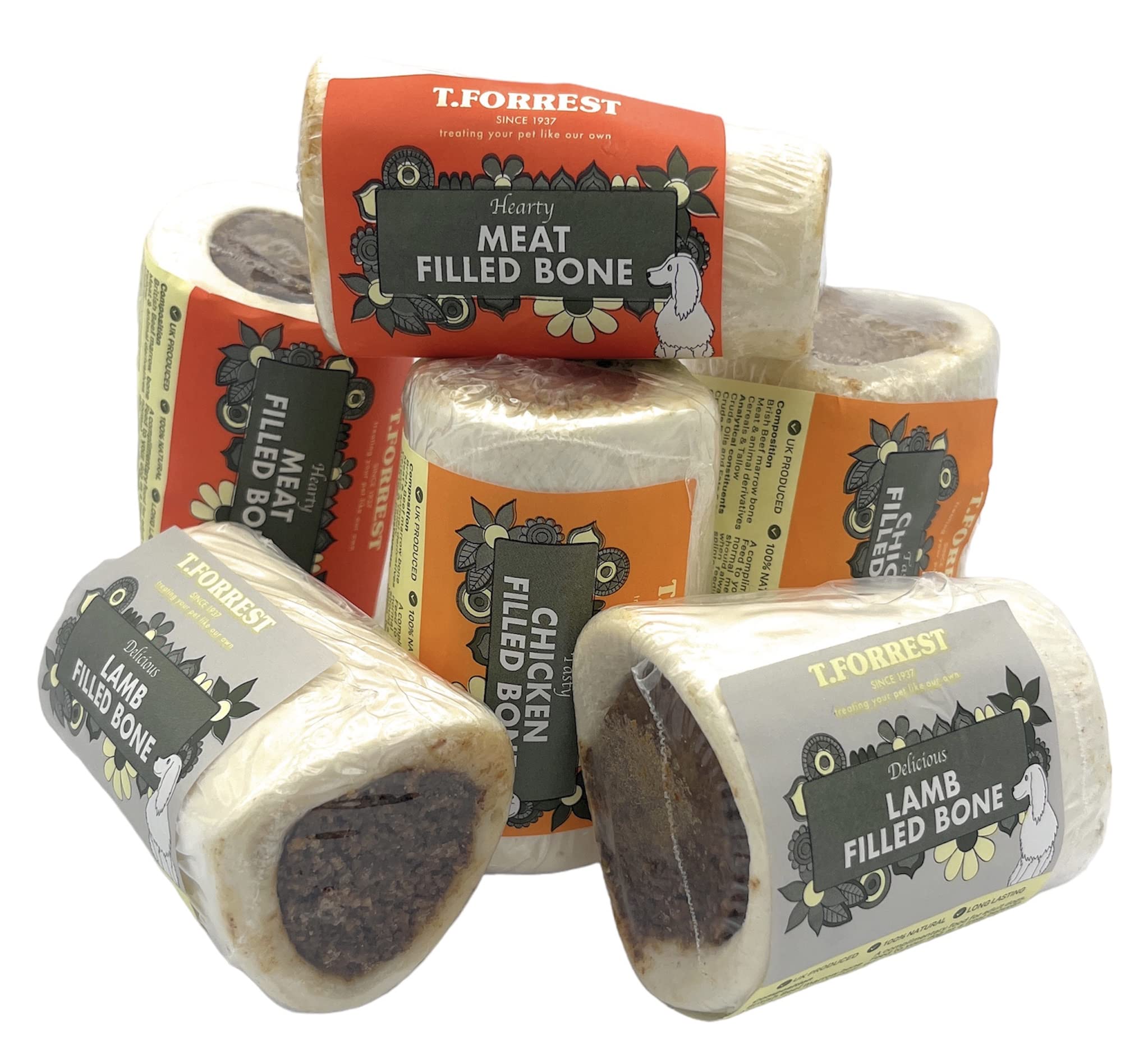 6 x Meat Filled Bones 3" - 100% Natural Dog Treats - Produced in UK (Assorted - 2 of each Flavour)