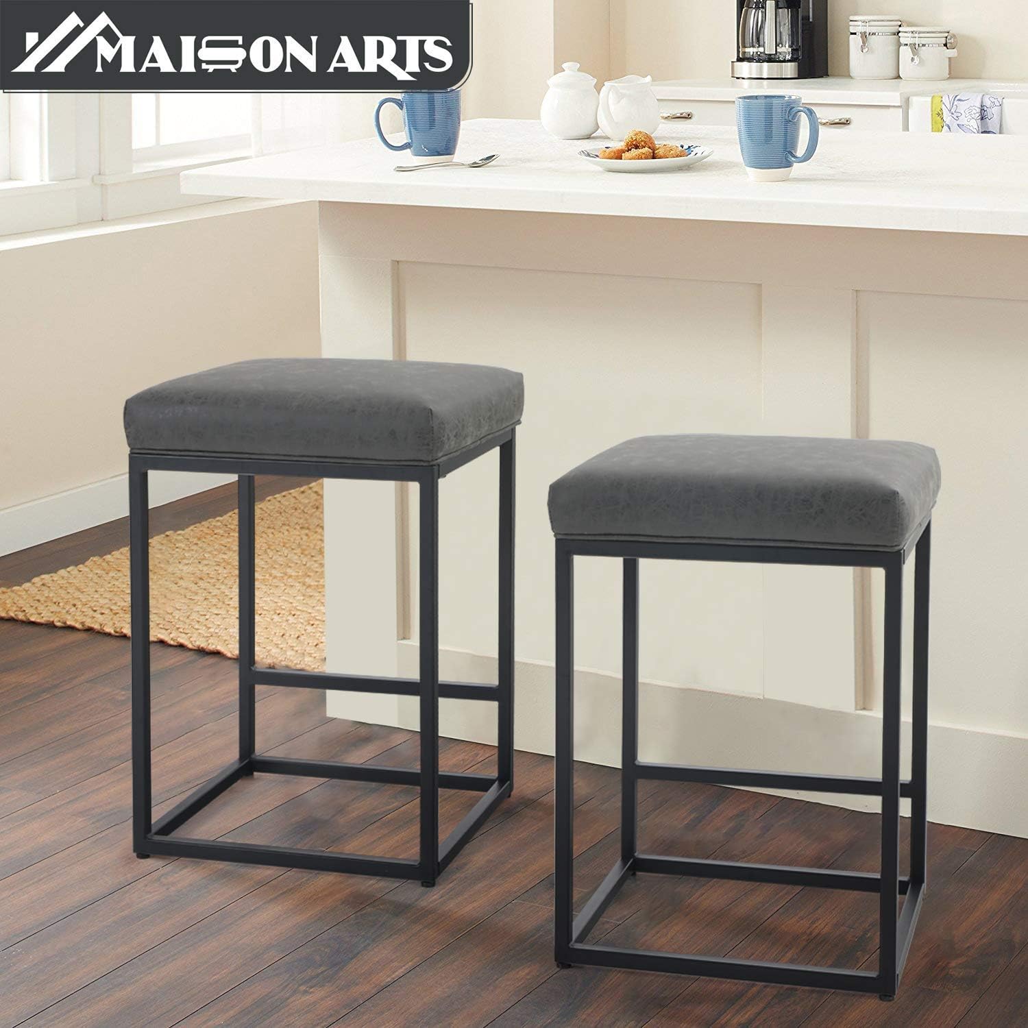 Maison Counter Height 24 Inch Bar Stool for Kitchen Counter Backless Industrial Stool Modern Upholstered Barstool Countertop Chair Saddle Seat Island Stool,330 LBS Bear Capacity,1 Stool(24 Inch, Grey): Furniture & Decor