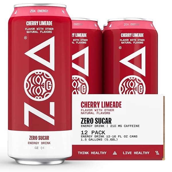 ZOA ZERO SUGAR ENERGY DRINK, CHERRY LIMEADE – SUGAR FREE WITH ELECTROLYTES, HEALTHY VITAMIN C, AMINO ACIDS, ESSENTIAL B-VITAMINS, AND CAFFEINE FROM GREEN TEA – 16 FL OZ (12-PACK)