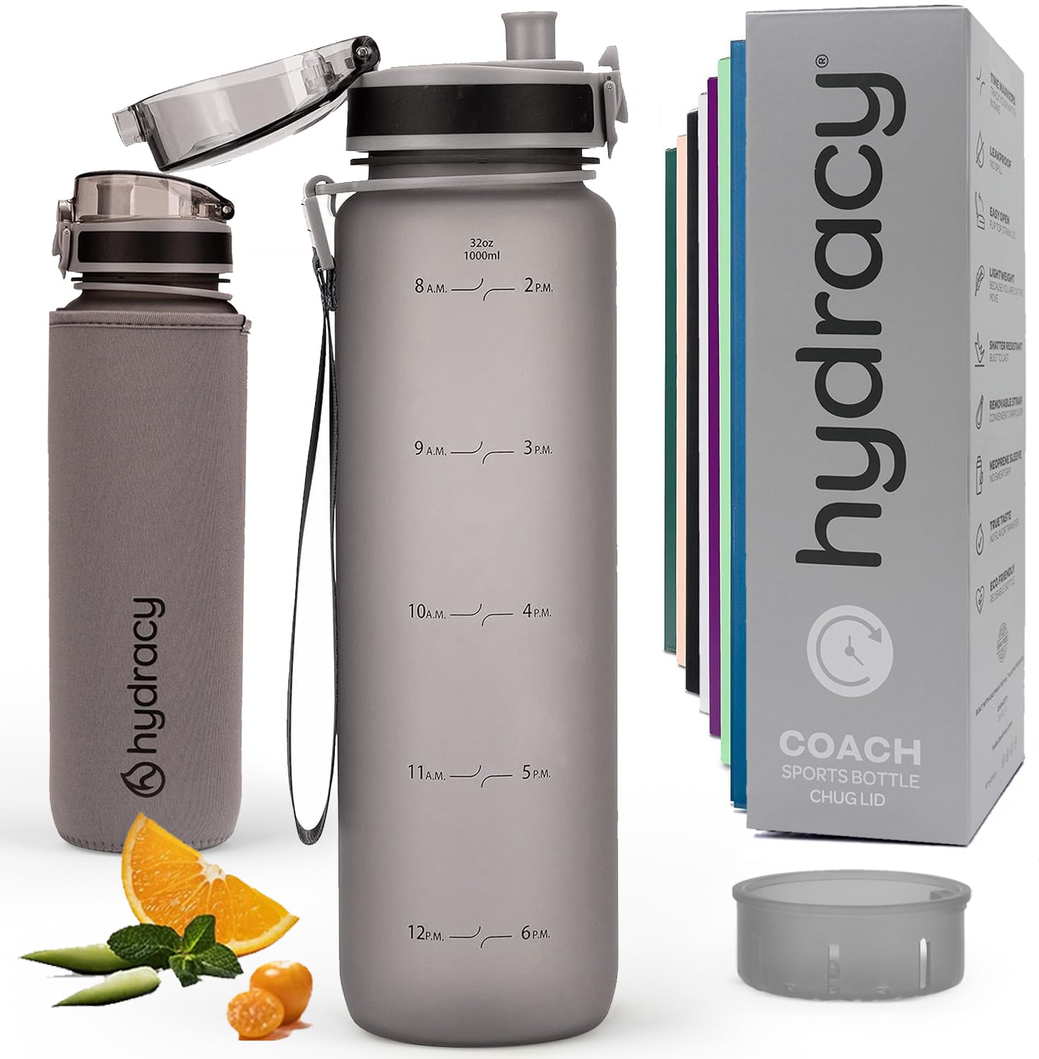 Hydracy Water Bottle with Time Marker -Large 1 Litre BPA Free Water Bottle & No Sweat Sleeve -Leak Proof Gym Bottle with Fruit Infuser Strainer & Times to Drink -Ideal for Fitness Sport & Outdoor