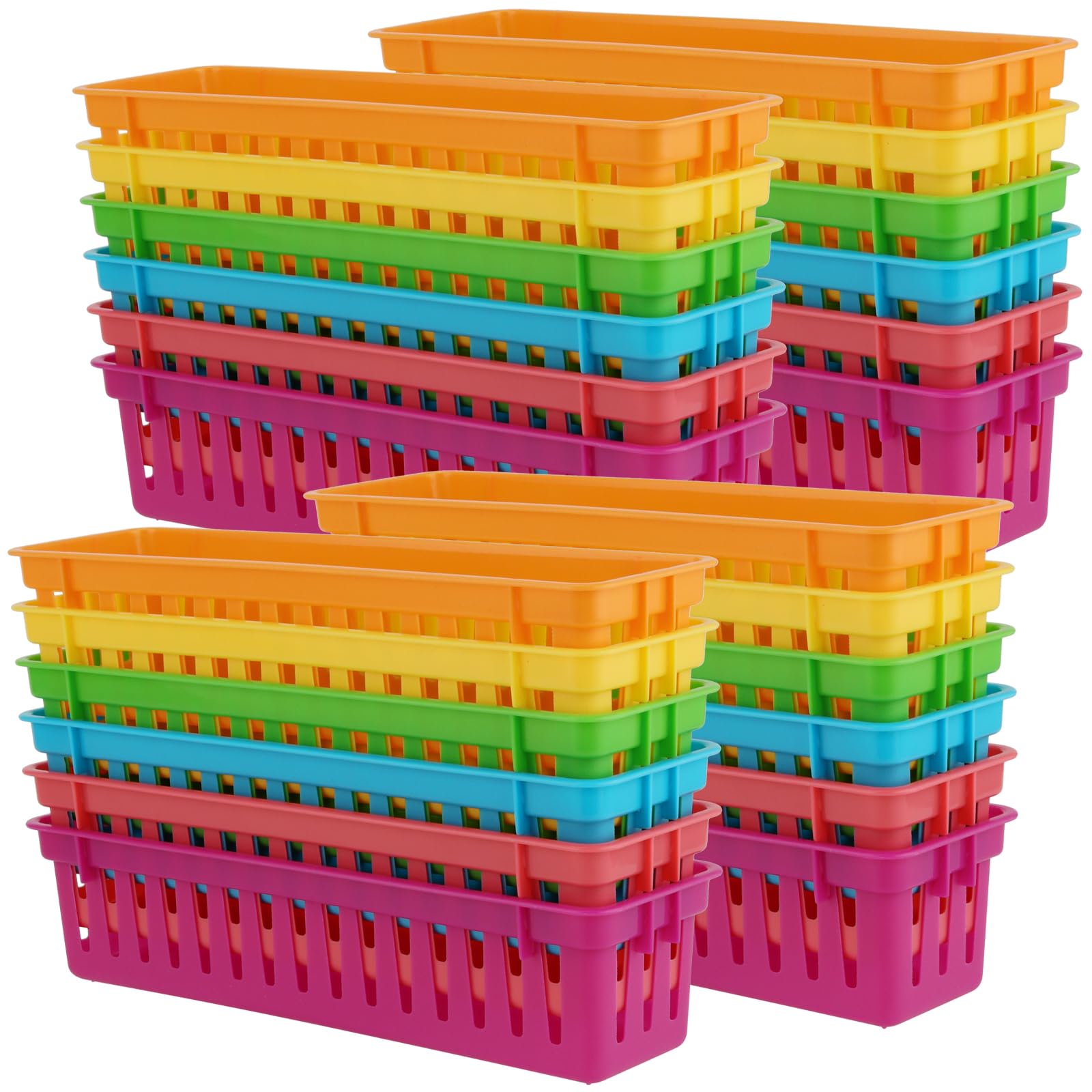 YUENPUN 24 PCS 6 Colours Classroom Pencil Storage Baskets, 25.5x7.6x6.2cm Plastic Stationery Baskets, Coloured Classroom Organiser Basket for Classroom, Drawers, Desktop