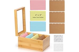 DLUGOPIS 4x6 Index Card Holder with Dividers Bamboo Index Card Organizer Box 4 Compartments Flash Cards Holder with Lid 150 Index Flash Cards 25 Index Cards Dividers 2 Letter Smile Stickers for Office Business