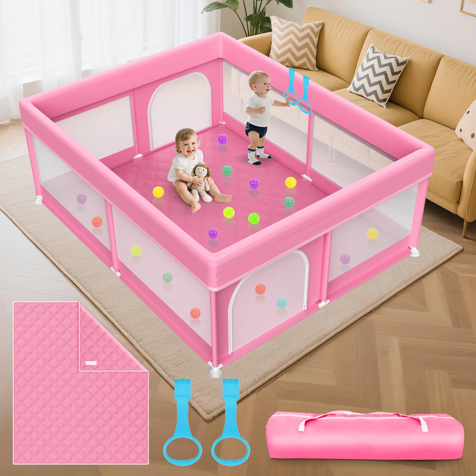Photo 1 of 79x71 in Baby Playpen with Mat: Large Play Pen for Babies and Toddlers - Baby Gate Playpen with Soft Breathable Mesh - All-Wrapped Sponge Sturdy Safety Play Yard with 2 Handles & Bag, Pink