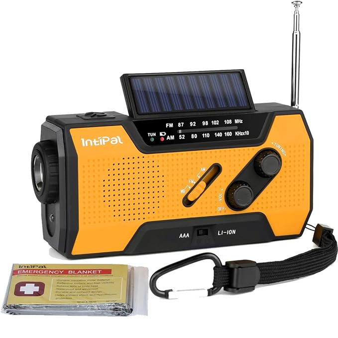 IntiPal Multifunktion Solar Dynamo Kurbel Radio mit 2000mAh Power Bank Taschenlampe Leselampe Alarm Rettungsdecke (Orange)