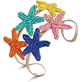 RUOFFETA Handmade Raffia Starfish Cuff Bracelet for Women - Colorful Adjustable Wide Open Bangle, Statement Tropical Beach Jewelry