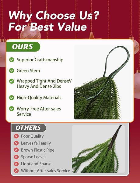 PREMIUM 30% FULLER 2PACK 6 FT ARTIFICIAL NORFOLK PINE GARLANDS WITH LIGHTS, REAL TOUCH WINTER PINE GARLAND, FOR STAIRCASE, TABLE, MANTLE, WALL, INDOOR, OUTDOOR CHRISTMAS DECORATIONS, FLOWER ARRANGING