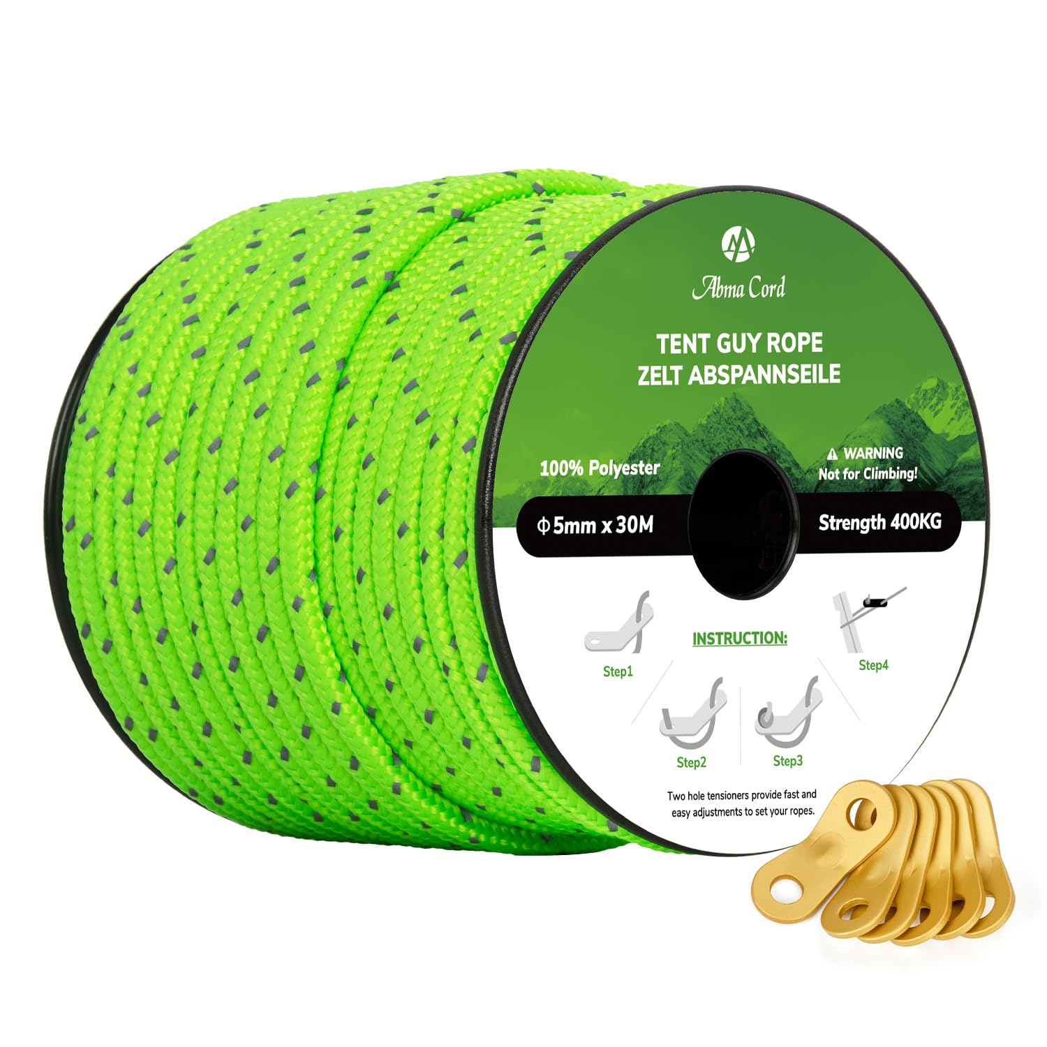 Abma Cord Tent Guy Ropes 5mm 30M Guy Line 6 Pcs Guy Rope Tensioners Heavy Duty Guide Rope for Camping, Gazebos, Awning, Tarp - Reflective Neon Green