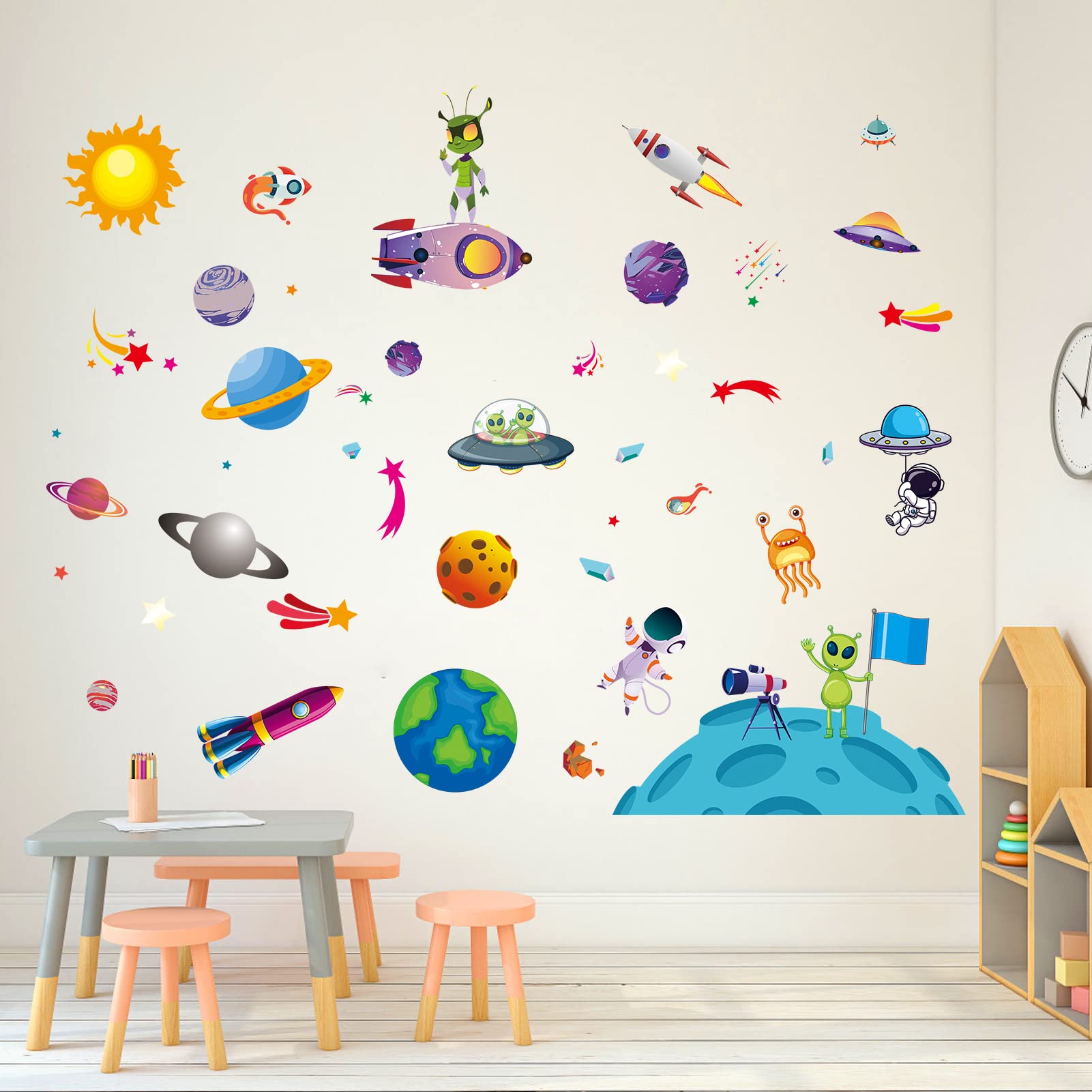 AnFigure Space Wall Decal Planets Astronaut Rocket Spacecraft Alien Galaxy Wall Stickers for Boys Kids Baby Nursery Playroom Bedroom Wall Decals Solar System Stickers Outer Space Room Wall Decor
