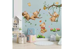 Amimagen Woodland Bear Wall Stickers - Baby Animal Tree Branch Wall Decals - Nursery Kids Girls Boys Room Daycare Playroom Classroom Wall Decor