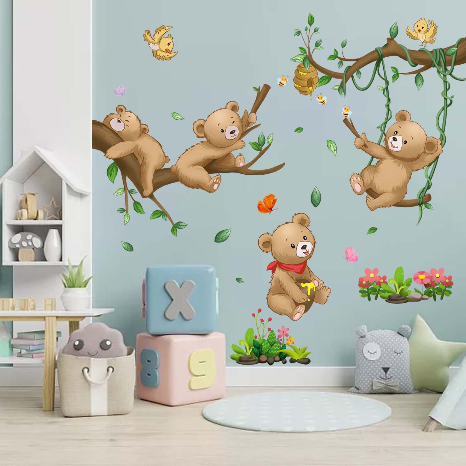 Amimagen Woodland Bear Wall Stickers - Baby Animal Tree Branch Wall Decals - Nursery Kids Girls Boys Room Daycare Playroom Classroom Wall Decor