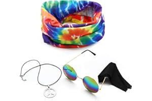 Norme 3 Hippie Costume Set Peace Sign Necklace, Tie Dye Hippie Headband, Sunglasses for Men Women 60s 70s 80s Dressing