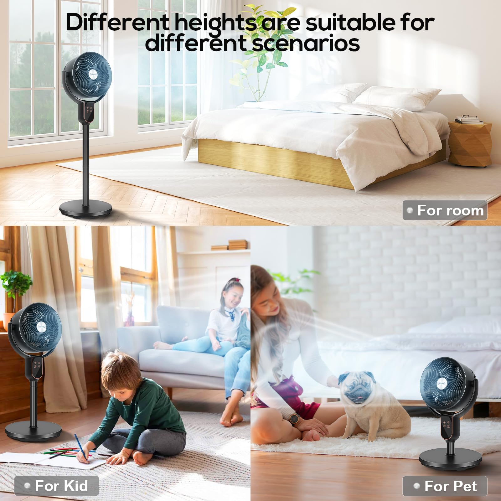 hykolity Fan for Bedroom, 90°+70° Omnidirectional Oscillating Standing Fan, 3 in 1 Pedestal & Tabletop fan, Quiet Floor Fan with Remote, Adjustable Heights, 8 Speeds Air Circulator, 12H Timer