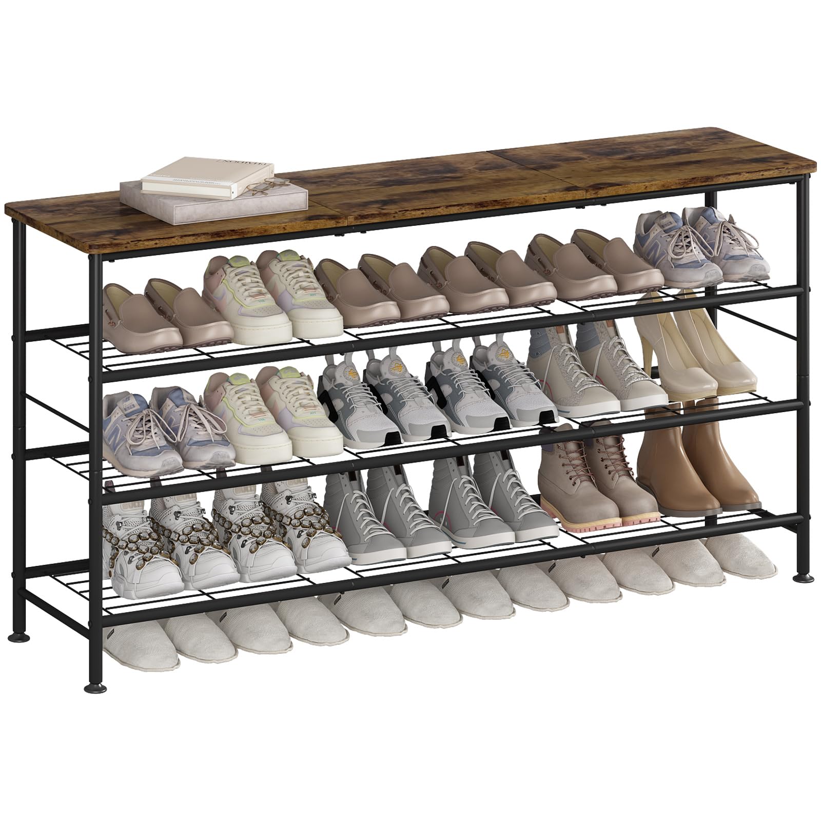 Photo 1 of SUOERNUO Shoe Rack Organizer 4 Tier for Closet Entryway Free Standing Metal Storage Shoe Shelf with MDF Top Board (Black+Rustic Brown, Large 4 Tier)