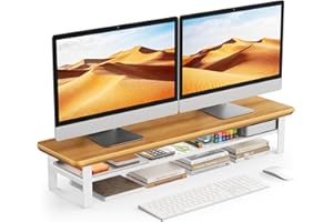 NestNeat Dual Monitor Stand, 35.4 Inch Monitor Stand Riser for 2 Monitors, 2 Tiers Wood Desk Shelf with Storage, Desktop Orga