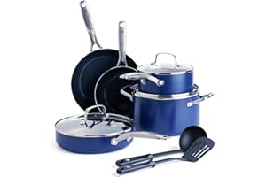 Blue Diamond 10 Piece Nonstick Cookware Set, Diamond Ceramic Pots & Pans, Dishwasher & Metal Utensil Safe, Non Toxic PFAS-Fre