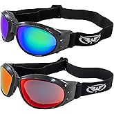 Global Vision Eliminator Padded Motorcycle Riding Goggles 2 Pair Black w/Green & Red Mirror Lenses