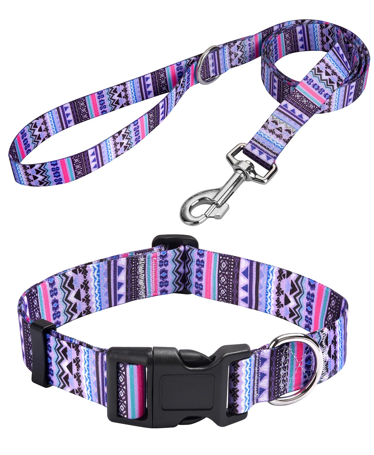 MarukoPet Dog Collar and Leash Set, Adjustable for Small Medium Large Dogs Puppy, Cute Design with Bohemia Floral Tribal Geometric Patterns Boys Girls Dog Collar(Purple Bohemia Set,XS)