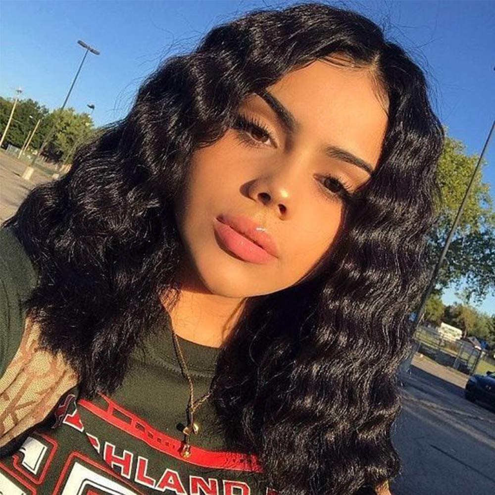 Gabrielle Bob Deep Wave Lace Frontal Wig Human Hair 9A 100% Unprocessed Virgin Hair Wig with Lace Frontal Wigs Pre Plucked Wet and Wavy Human Hair Wig with Baby Hair (14 Inch, 1B#-150% Density)