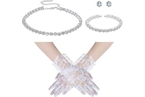 choyaxo 4pcs Silver Necklace Set Including Rhinestone Necklace Earrings Bracelet Gloves for Tea Party Bridal Wedding Formal C