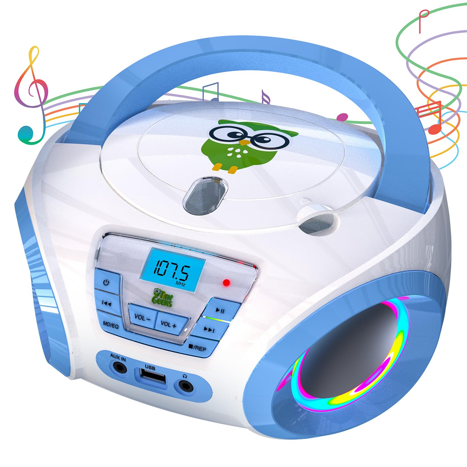 Tunes Kids Boombox CD Player for Kids - NEW 2023 - FM Radio - Batteries Included - Cute white Radio cd Player with Speakers for Kids and Toddlers - Blue