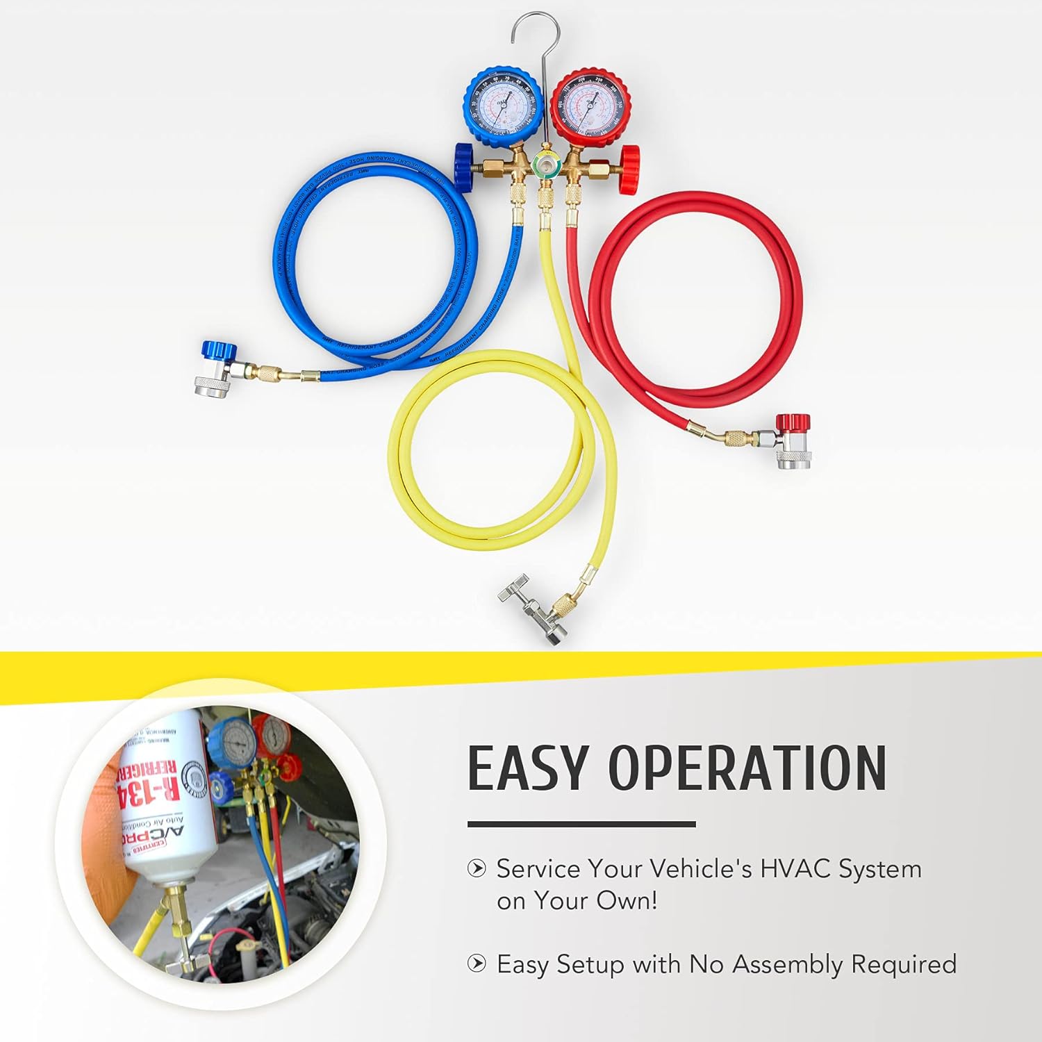 Orion Motor Tech AC Gauges, AC Manifold Gauge Set for R134a R12 R502 Refrigerant, 3 Way Car AC Gauge Set with 5FT Hoses Couplers & Adapter, Puncturing & Self Sealing Can Tap Freon Charge Kit: Automotive