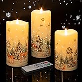 Eywamage Fiber Optic Christmas Flameless Pillar Candles with Remote, Flickering Forest Deer Holiday LED Battery Candles Set of 3