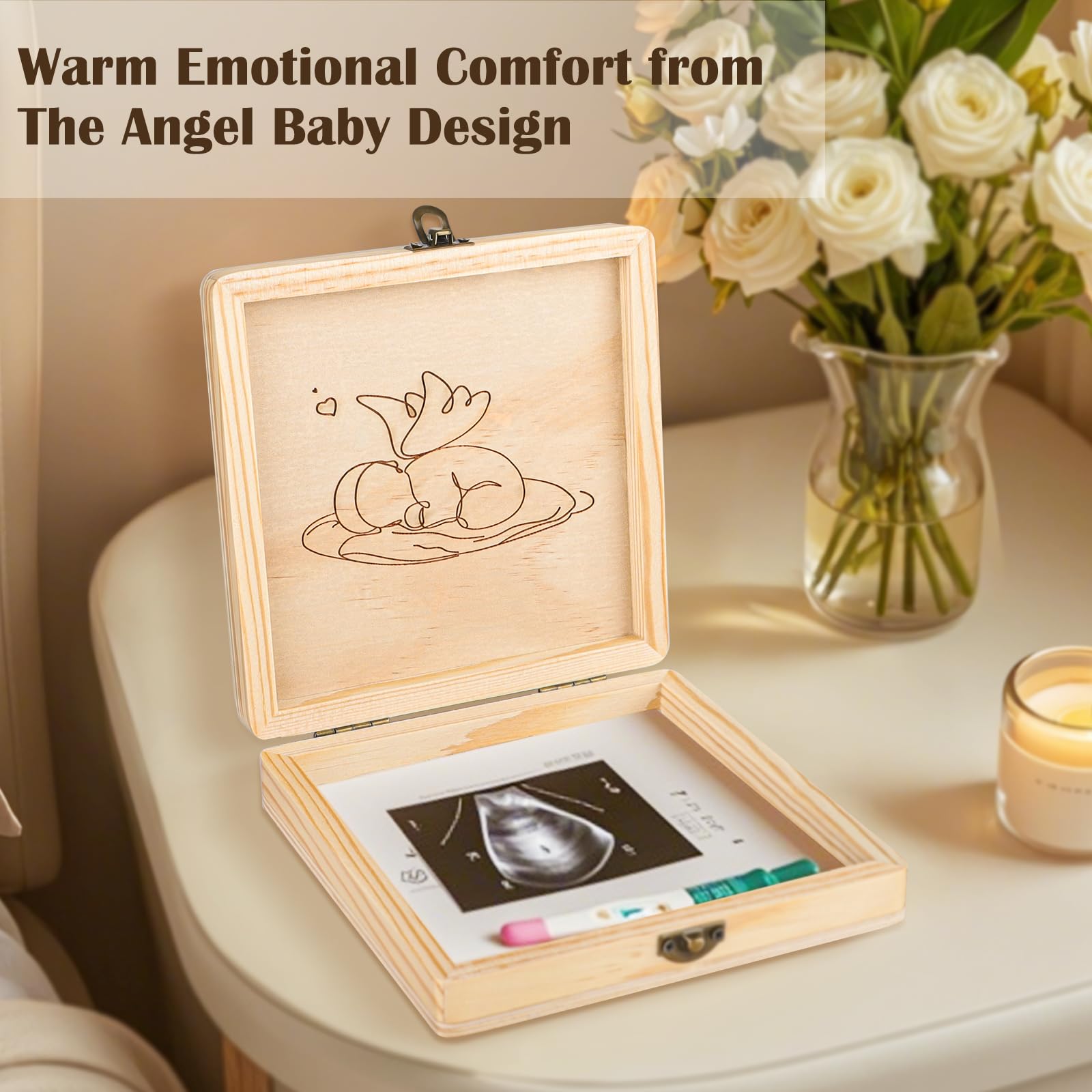Miscarriage Gifts for Mothers, Memorial Box for Pregnancy Loss, Wooden Angel Baby Keepsake with Storage for Photo & Ornament - Comfort Sympathy Bereavement Gift for Parents, Mom and Dad