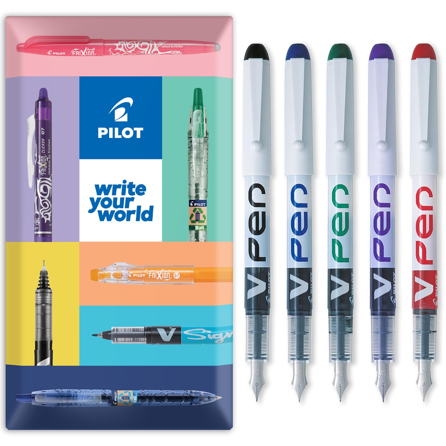 PILOT V PEN - Erasable Disposable Fountain Pen - 0.6mm Nib Tip - Medium Line - In Envelope Gift Packaging - Pack of 5 - Black, Blue, Red, Green & Violet