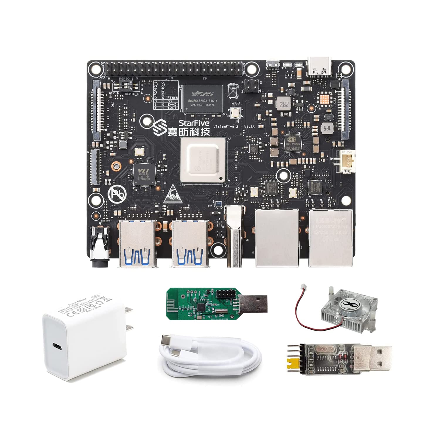 VisionFive2 RISC-V Linux Single Board Computer, Quad-Core StarFive JH7110 64-bit CPU with LPDDR4 8GB RAM 3D GPU, Dual Gigabit Network Port, Support M.2 M-Key 40 Pin GPIO Header (with WiFi 6 Dongle)