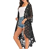 Anna-Kaci Women's Crochet Long Vest Boho Short Sleeve Kimono Cardigan Swimwear Cover up