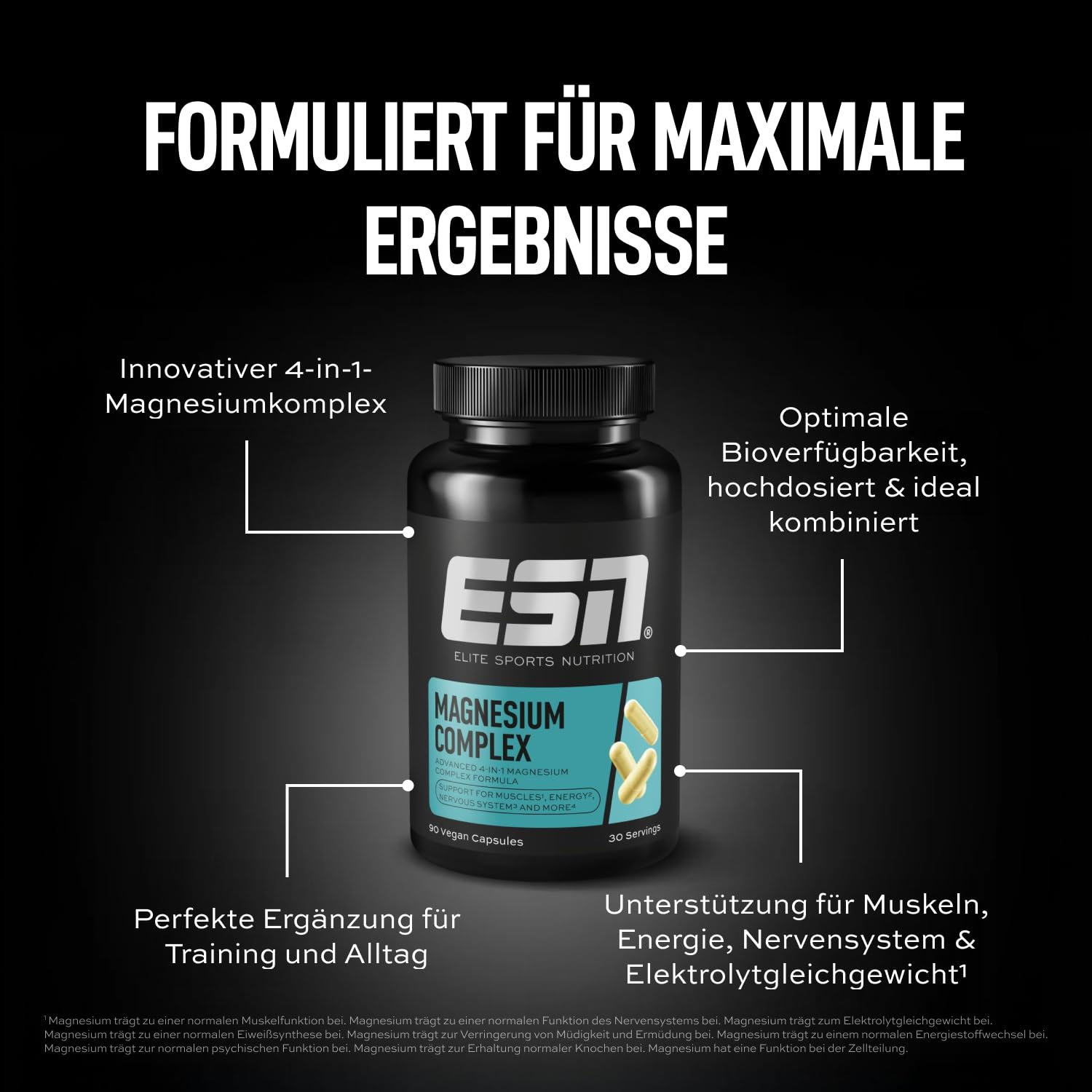 ESN Magnesium Complex - hochdosiertes Nahrungsergänzungsmittel mit 4-in-1 Komplex Formel - 323 mg Magnesium pro Tagesportion - vegan - 90 Kapseln, 30 Portionen 5