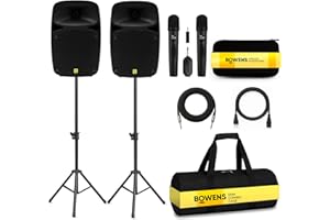 Bowens Dual 8 Inch 400W PA System – Portable Speakers with Bluetooth, USB/SD, LCD & Remote – DJ Sound System with Wireless Karaoke Microphone for Singing/Microfono & Stands