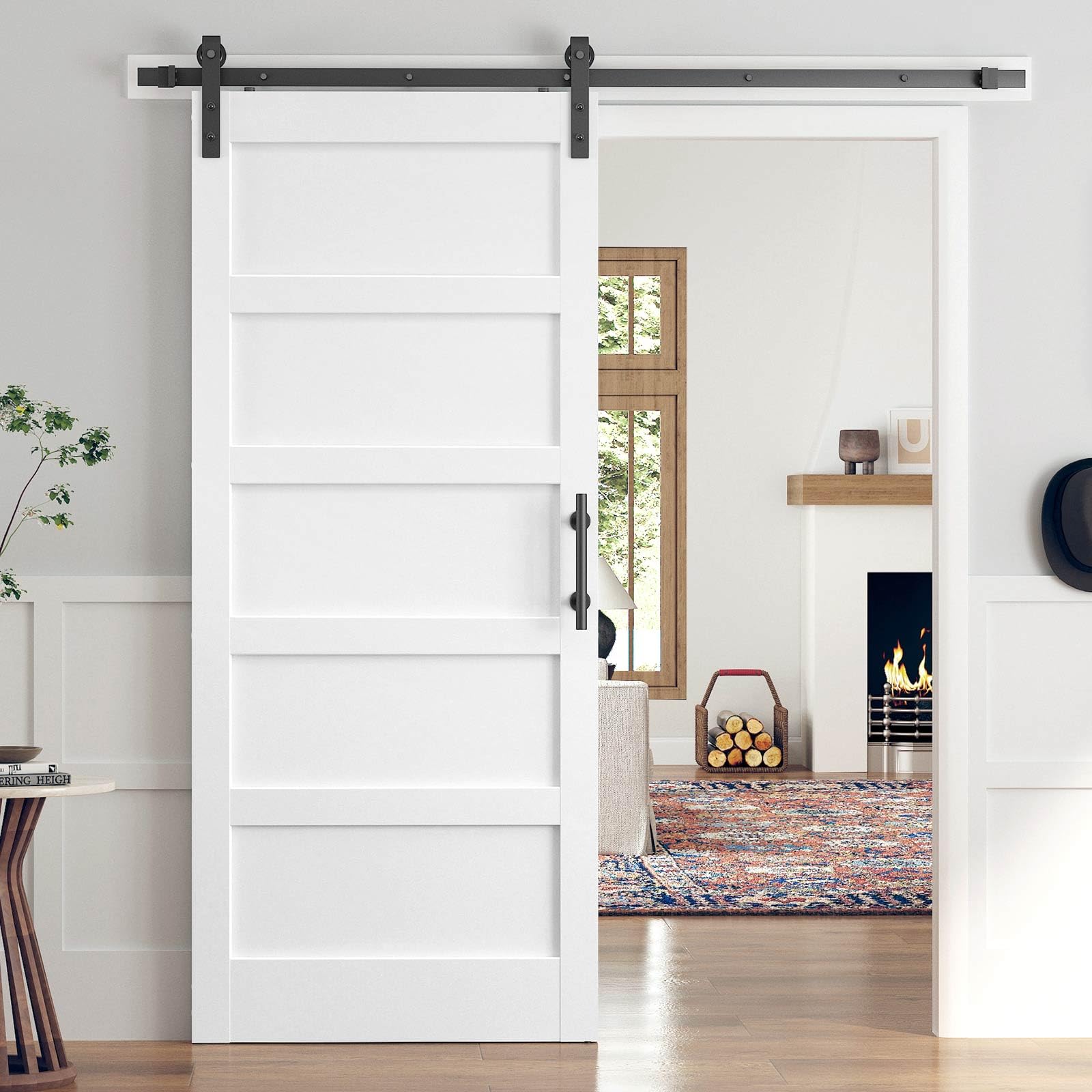 Photo 1 of ROYMELO 36x84 Inch White Sliding Barn Door Slab with 6.6ft Hardware Kit Included, 5-Panel, MDF Wood Panel Covered with Water-Proof Scratch-Proof PVC Surface, Simple DIY Assembly