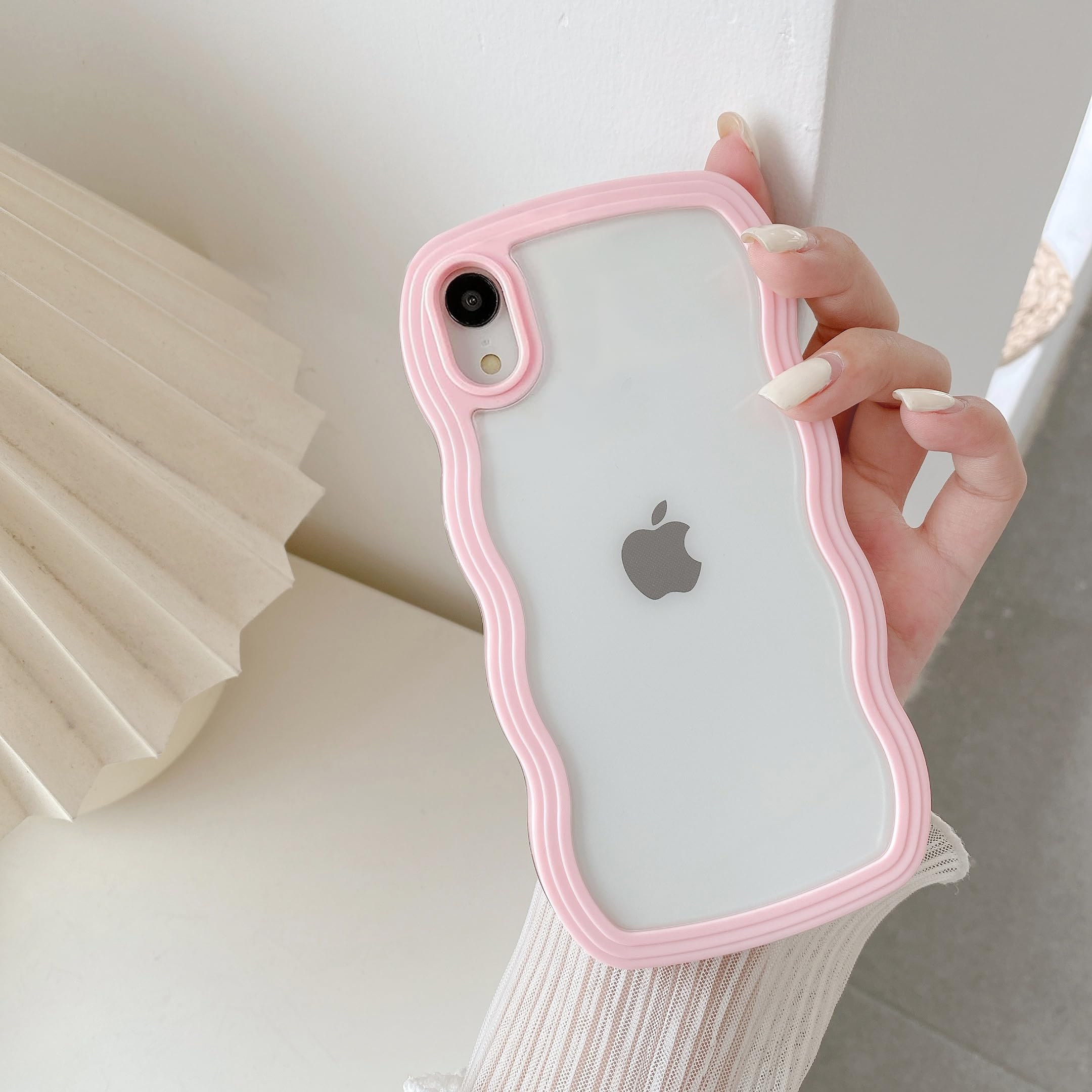 QLTYPRI Compatible with iPhone X/iPhone Xs Case, Cute Curly Wave Frame Clear Case for Girls Women, Transparent Soft Silicone TPU Bumper Shockproof Protective Phone Cover for iPhone X/XS - Pink