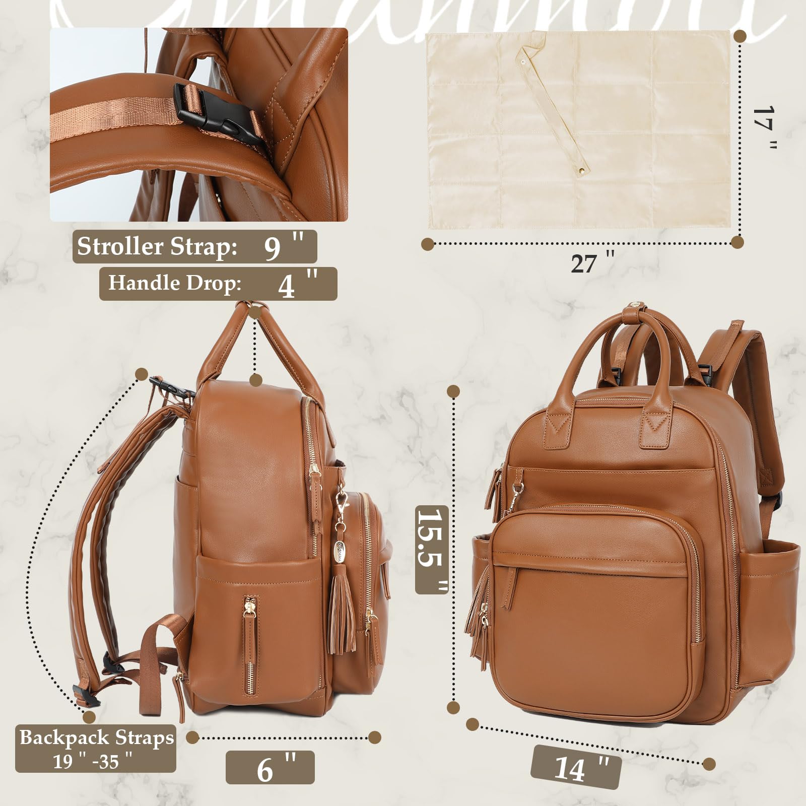 Diaper Bag Backpack,Leather Baby Bag with 16 Pockets,Large Travel Diaper Backpack,Baby Essential Organizer,4 Insulated Pockets,Changing Pad,Brown
