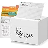 DRASTAR Recipe Box, Wooden Recipe Organizer, White Recipe Holder Box with 50 Recipe Cards 4"x6" & 6 Dividers, Recipe Book to Write in Your Own Recipes