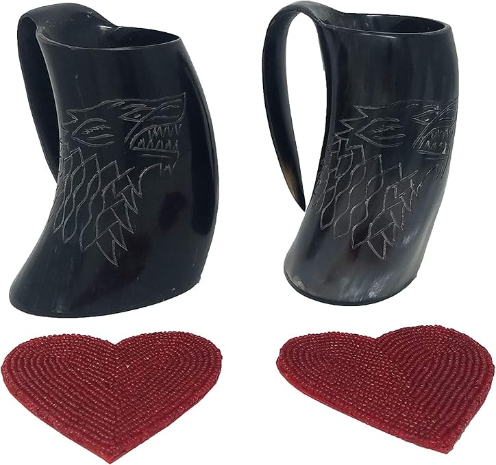 Buddha4all Hand Carved Game Of Thrones Wolf Viking Drinking Horn Mug Tankard For Beer Wine With Handmade Heart Shape Beaded Coasters Set Of 2 Red Amazon Ca Home Kitchen