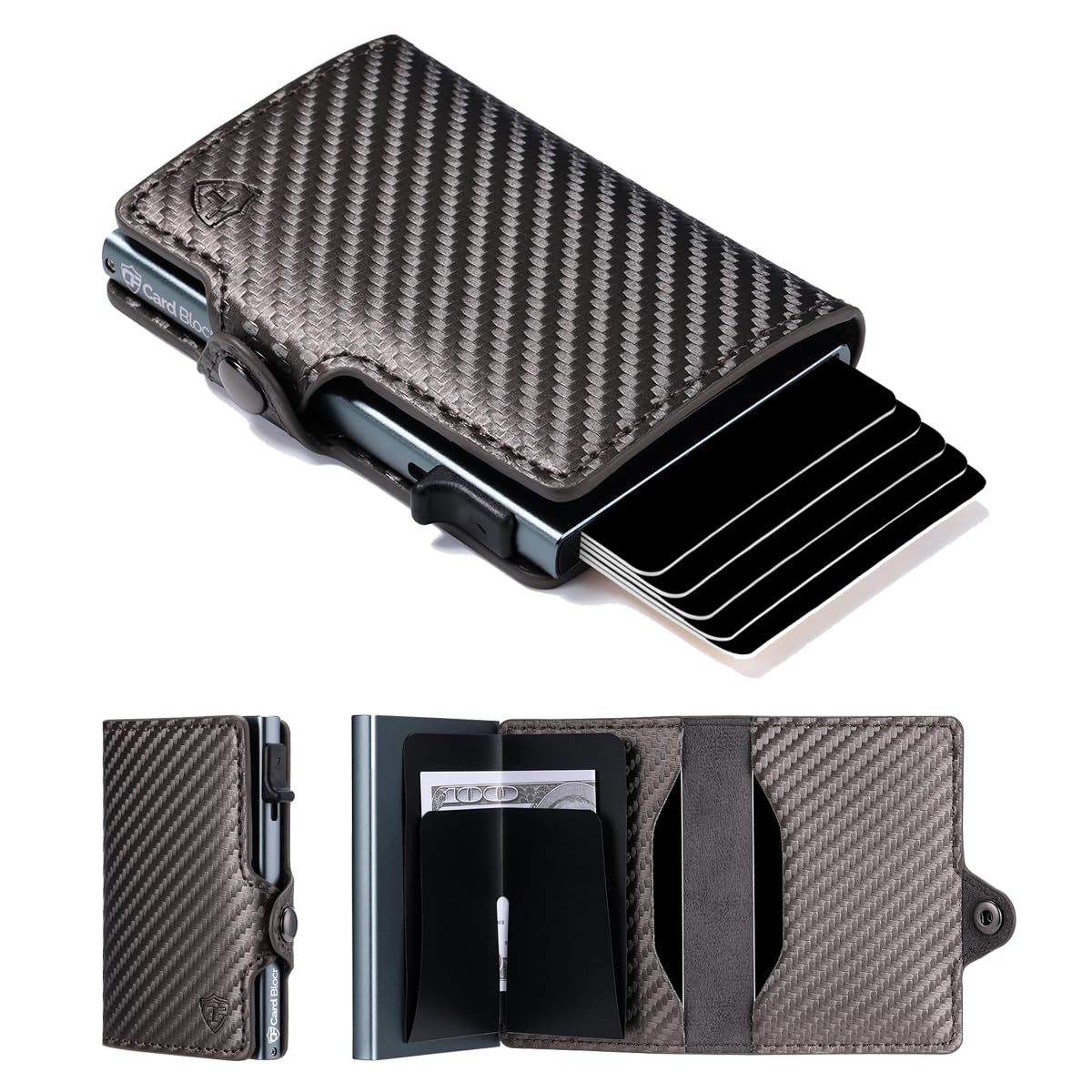Photo 1 of Card Blocr Pop Up Credit Card Wallet, RFID Blocking Credit Card Holder for men, Compact Card Holder Wallet for Secure Storage (Carbon Fiber Style Black & Titanium)