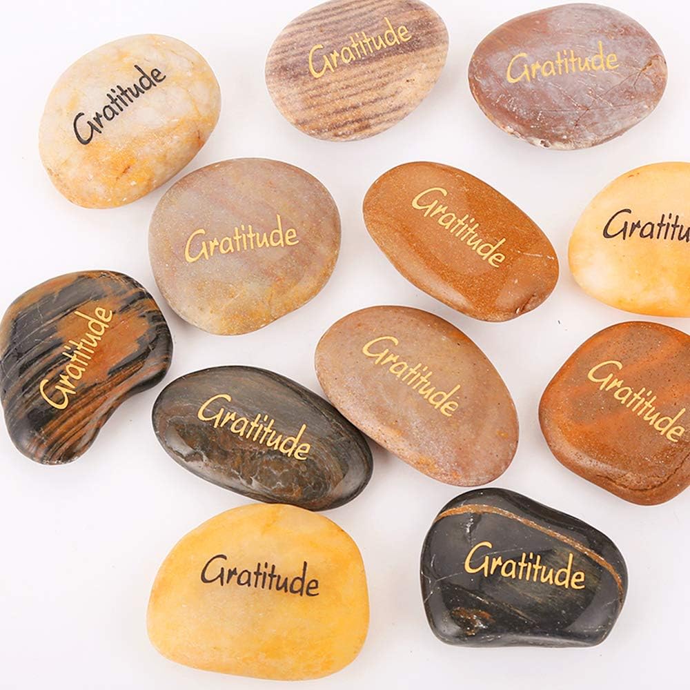 Indoor Fountains & Accessories - ROCKIMPACT 12pcs Gratitude Inspiration Stone Engraved Pocket Stone Natural River Rock Word Stone Bulk Lot Gratitude Stones (Pack of 12, Gratitude Rocks)