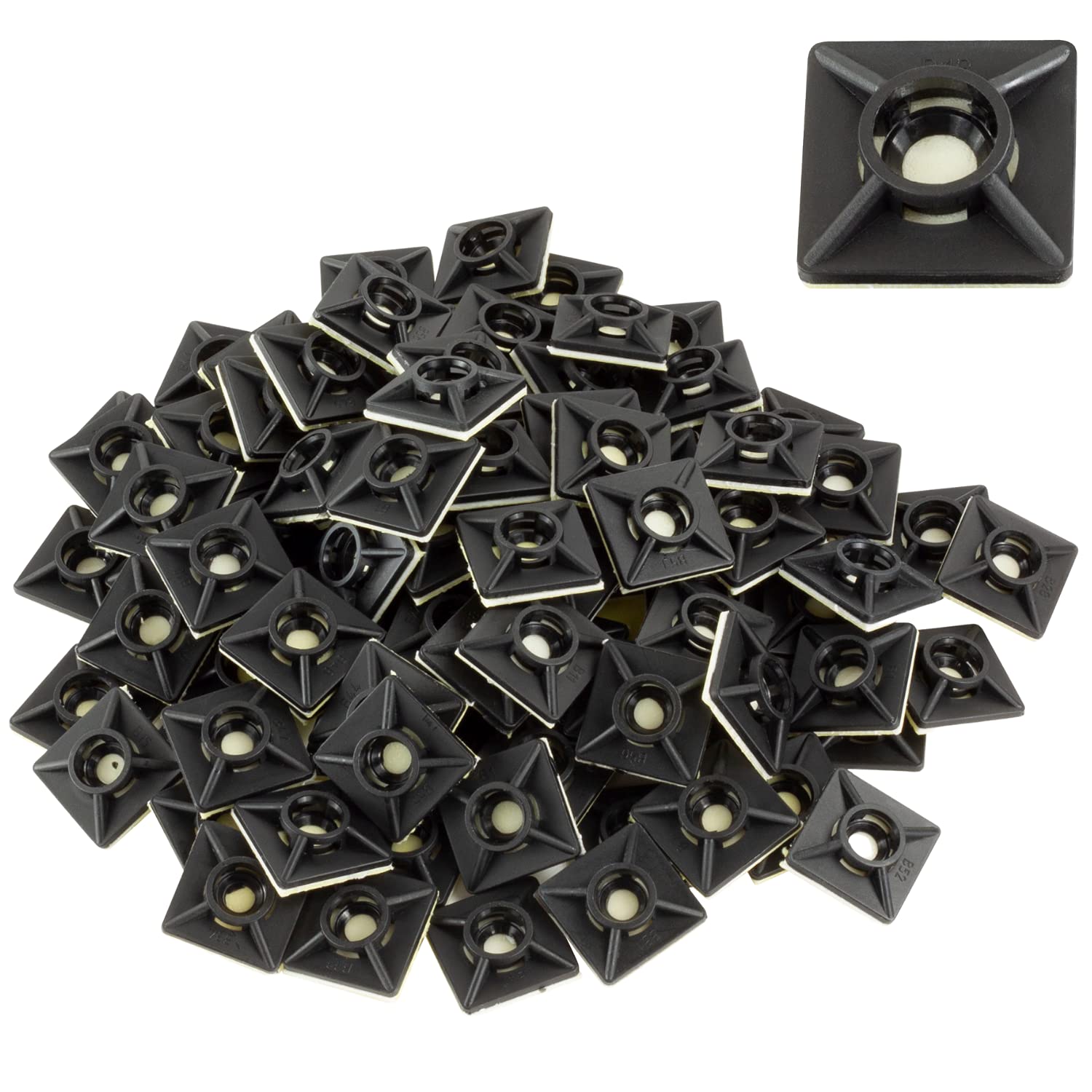 Gocableties 100 Pack of Black Cable Tie Bases - 19mm x 19mm (3/4") - Premium Adhesive Fixing Mounts