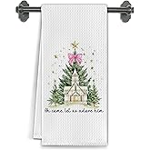 Elefeltclave Christian Christmas Kitchen Towels, Pink Bow Christmas Tree Dish Tea Towels for Kitchen Decor, Oh Come Let Us Adore Him Religious Decorative Hand Towel for Bathroom, 16x24 Inch