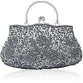EROUGE Beaded Sequin Design Flower Evening Purse Large Clutch Bag